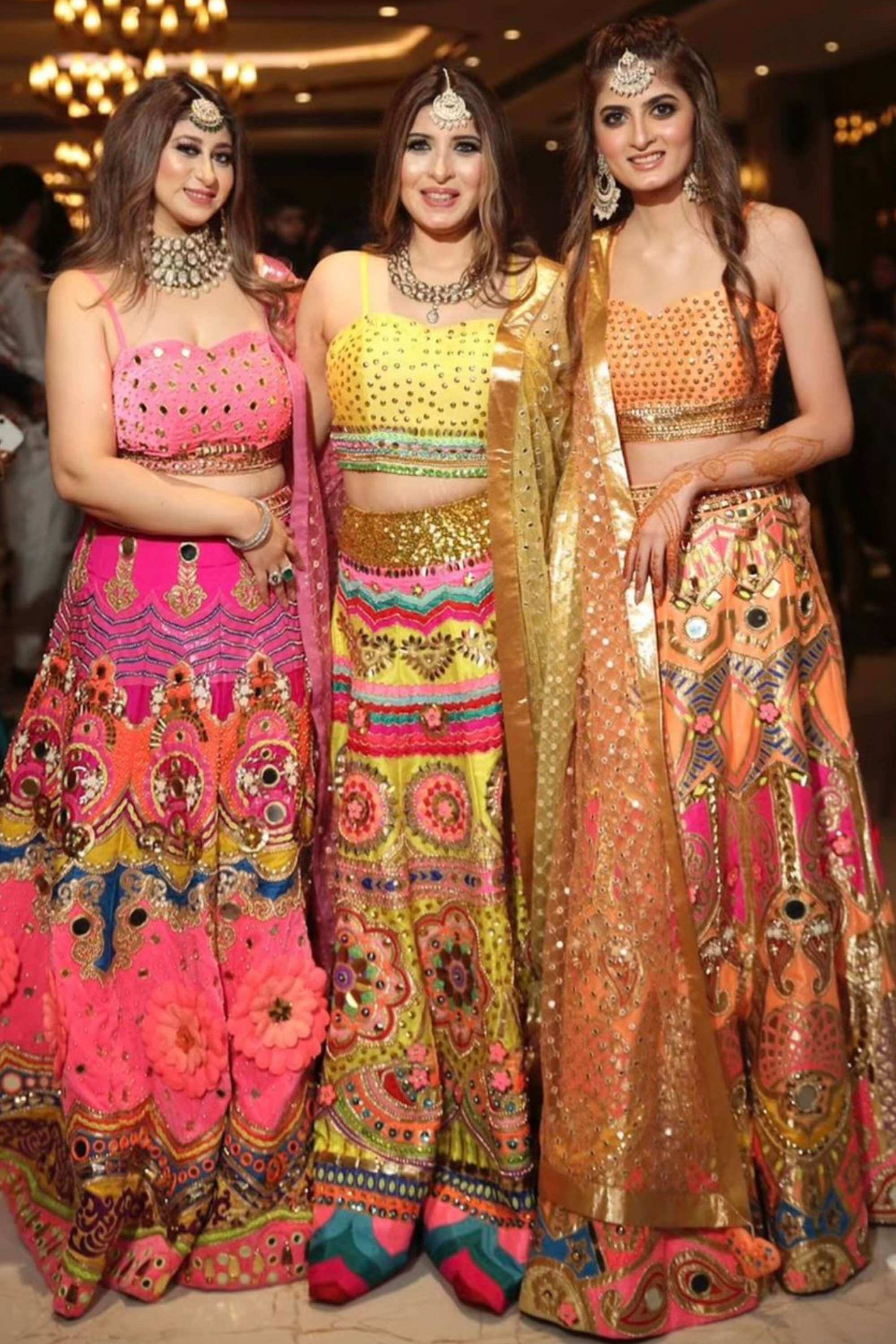 GULDASTA LEHENGHA x KHURSHEED HALDI LEHENGHA x PEACH MINARI KALAM LEHENGHA