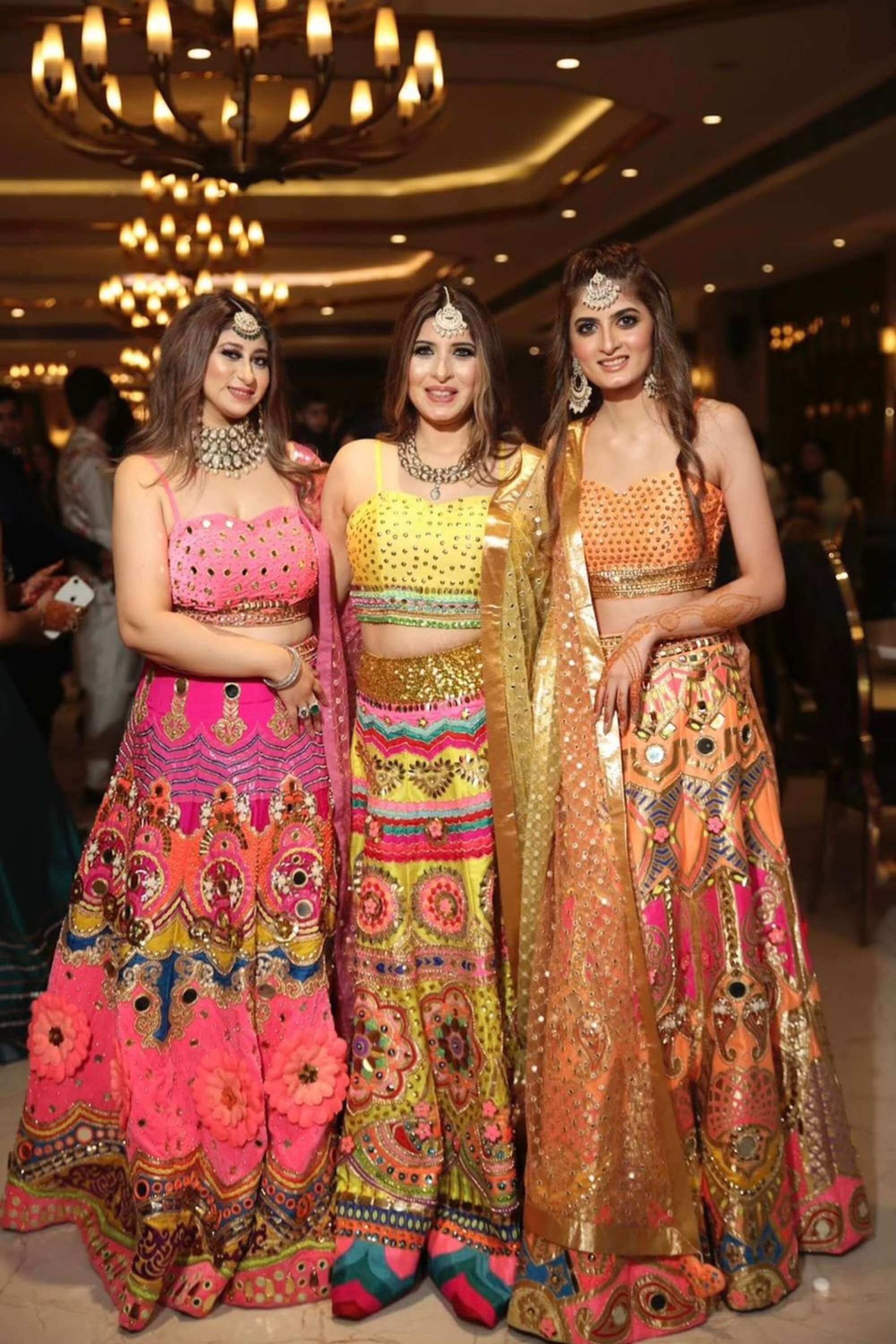 GULDASTA LEHENGHA x KHURSHEED HALDI LEHENGHA x PEACH MINARI KALAM LEHENGHA
